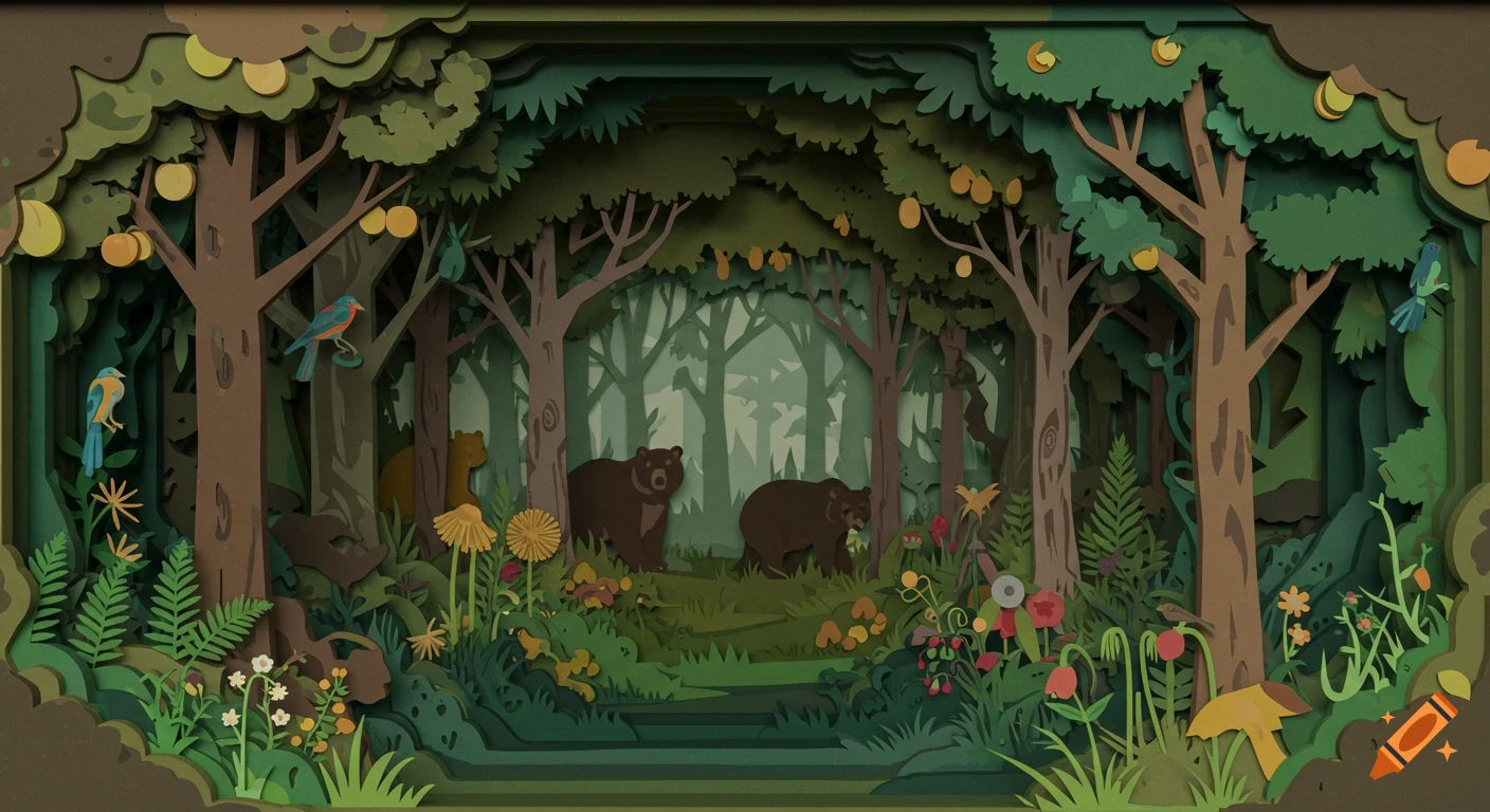 Layered paper-cut art depicting a lush forest with brown bears, colorful birds, trees, and wildflowers.