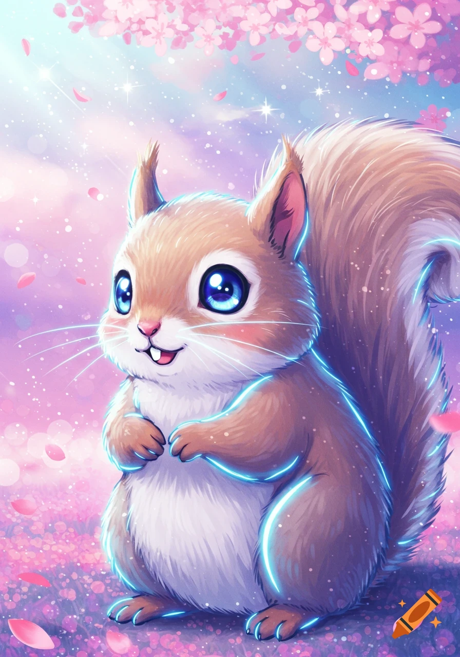 Adorable anime squirrel with glowing blue neon outlines, large blue eyes, surrounded by pink cherry blossoms and sparkles on a pastel background.