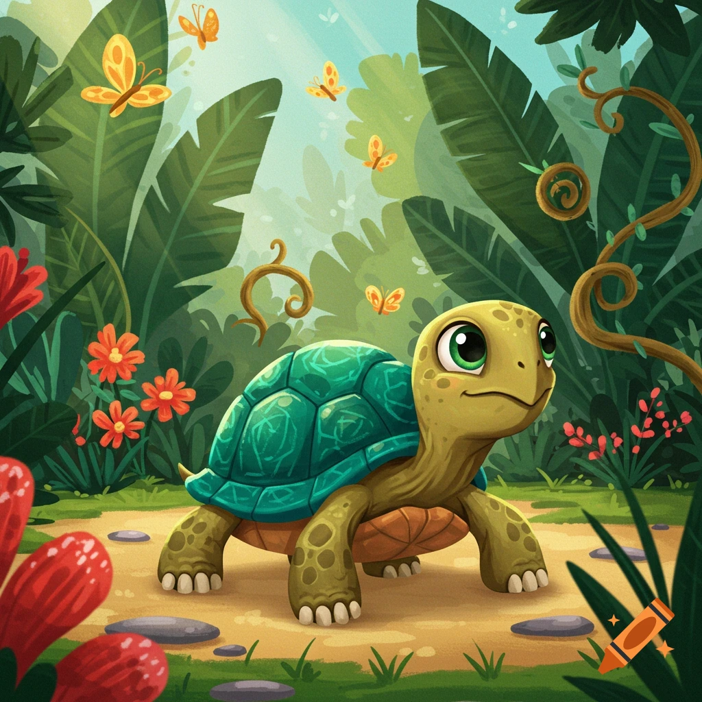 Cartoon turtle with big eyes walking on a path in a lush jungle with butterflies and red flowers.