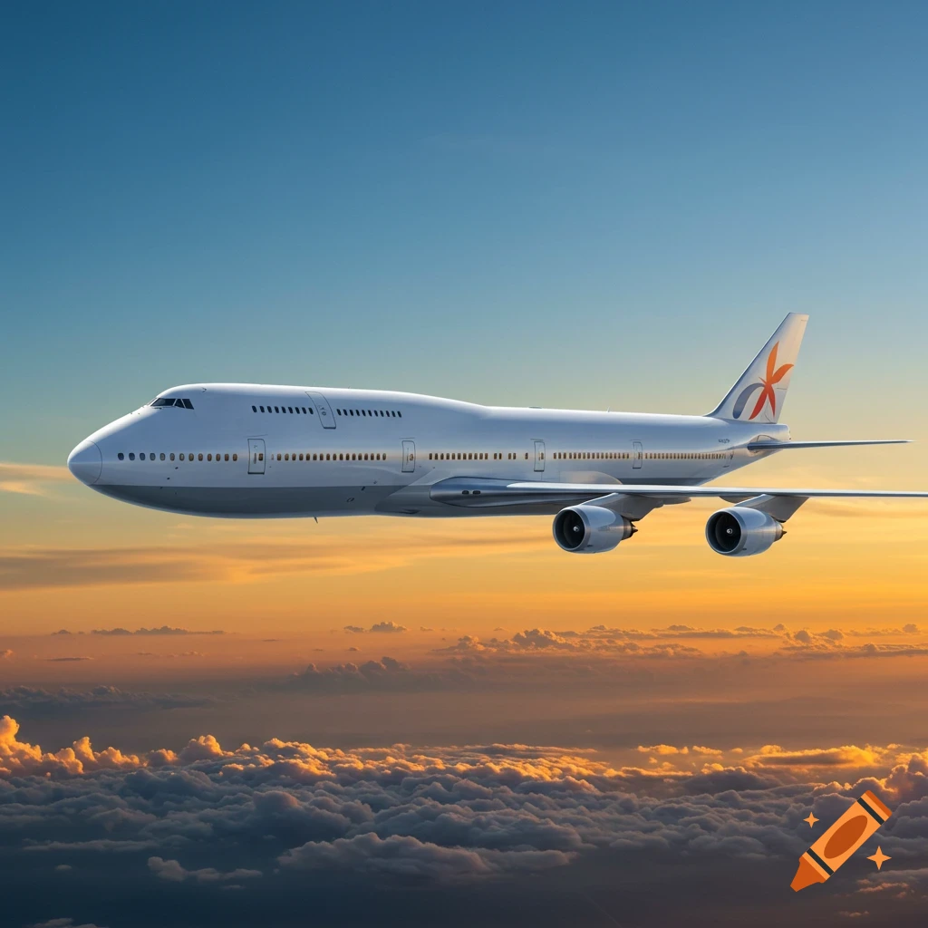 A large white airplane with a red and orange logo on its tail flies over clouds at sunset.