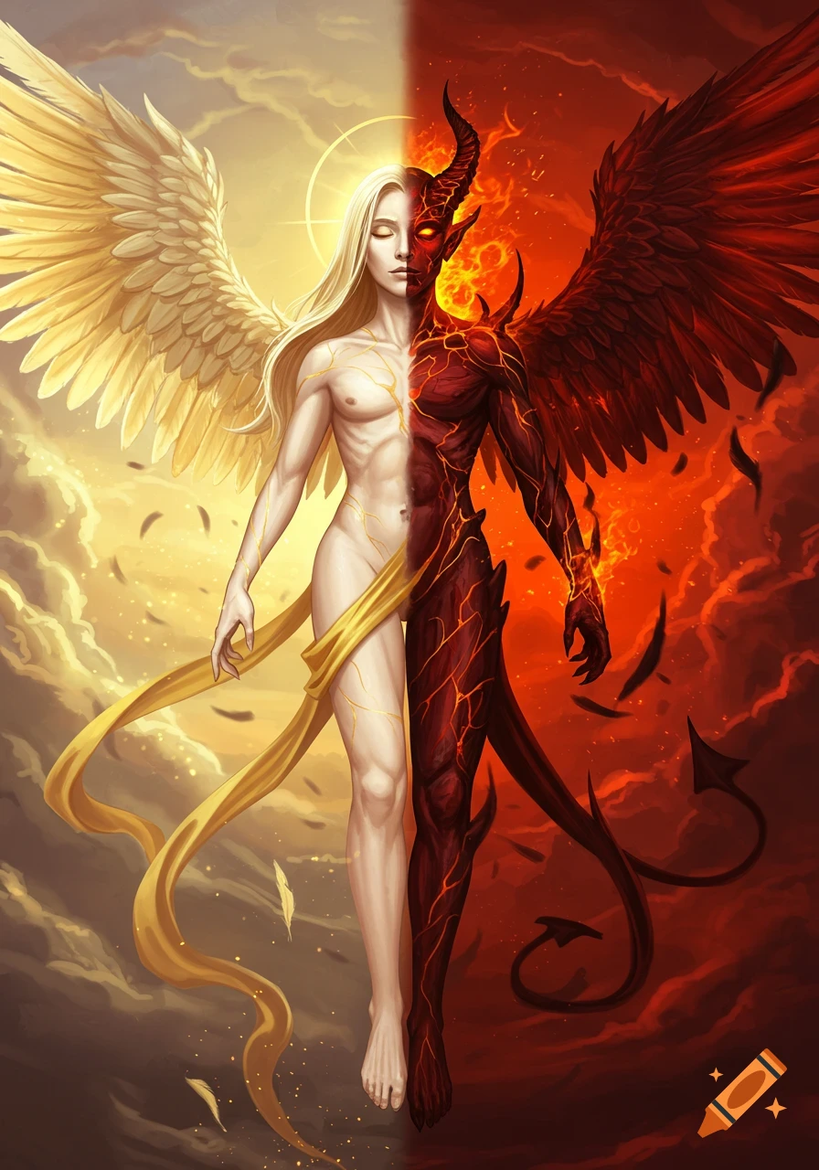 A full-body illustration of a figure split down the middle: one half is a pale angel with white wings and a halo, the other half is a red demon with horns, a tail, and fiery red wings.