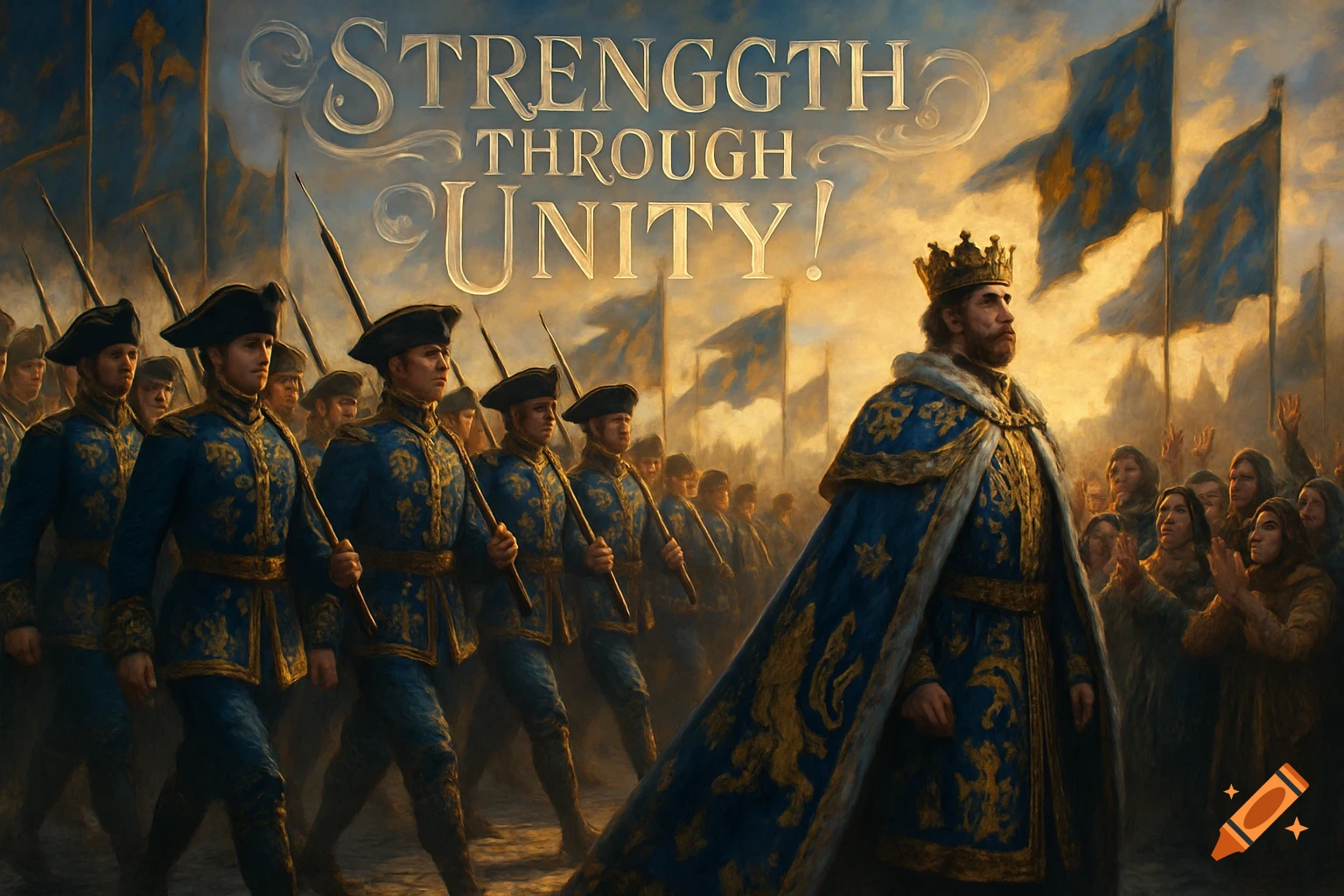 A king in a blue and gold cloak leads an army marching under fleur-de-lis flags past cheering crowds, with "STRENGTH THROUGH UNITY!" text.