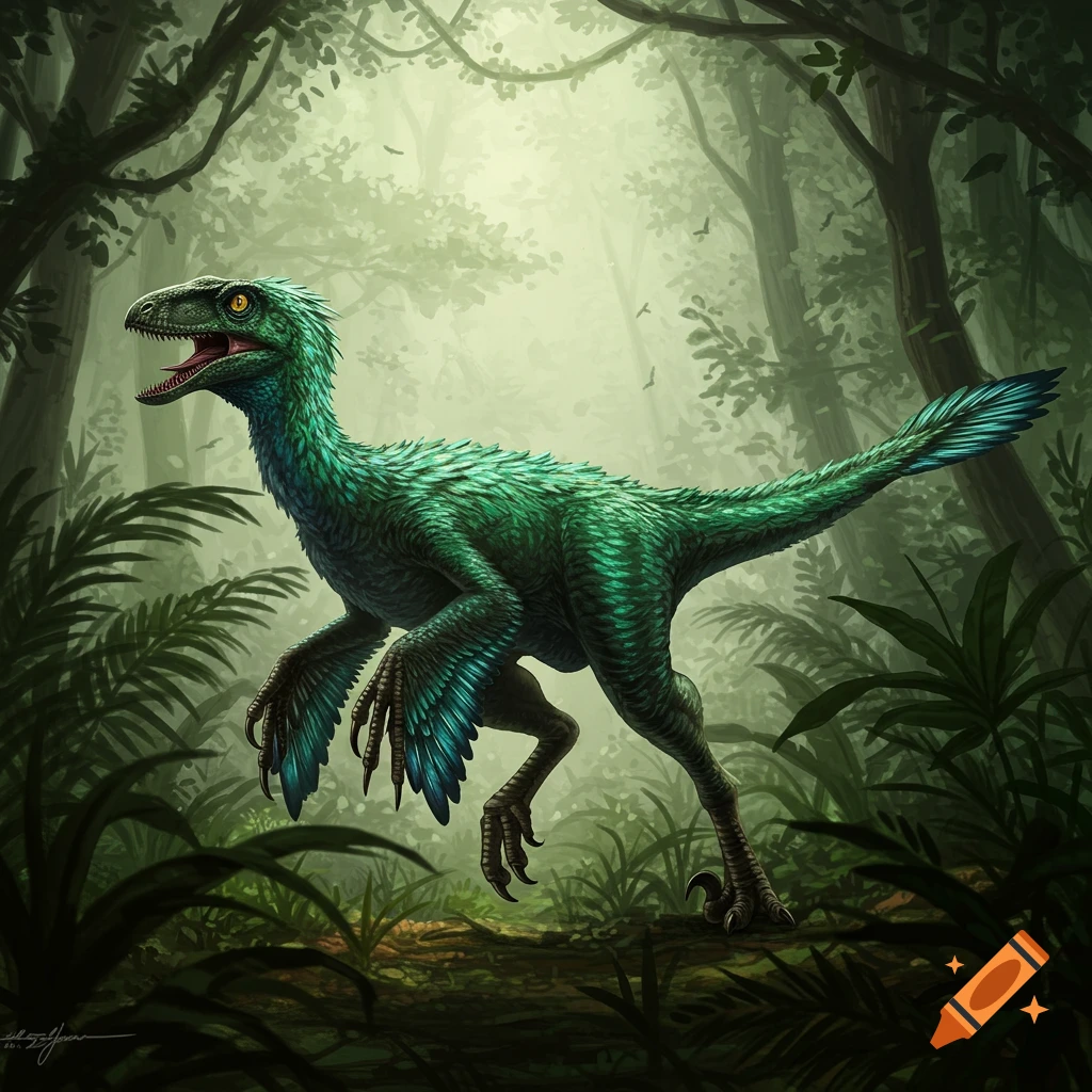 A vibrant green feathered raptor-like dinosaur with sharp teeth and claws stands in a lush, misty jungle.