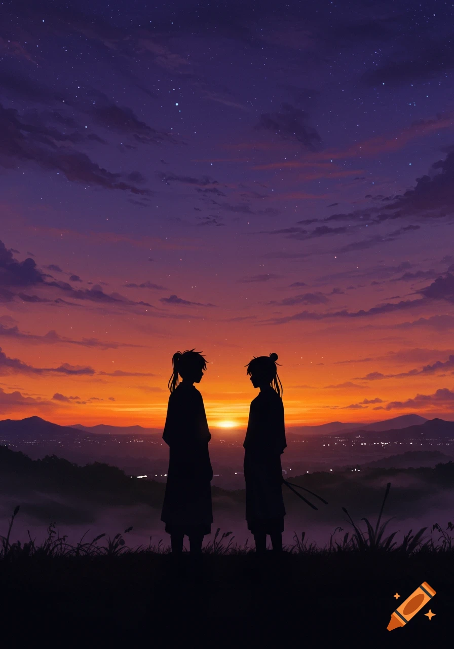 Anime illustration of two young men silhouetted on a hill against a vibrant orange and purple sunset over mountains and city lights.