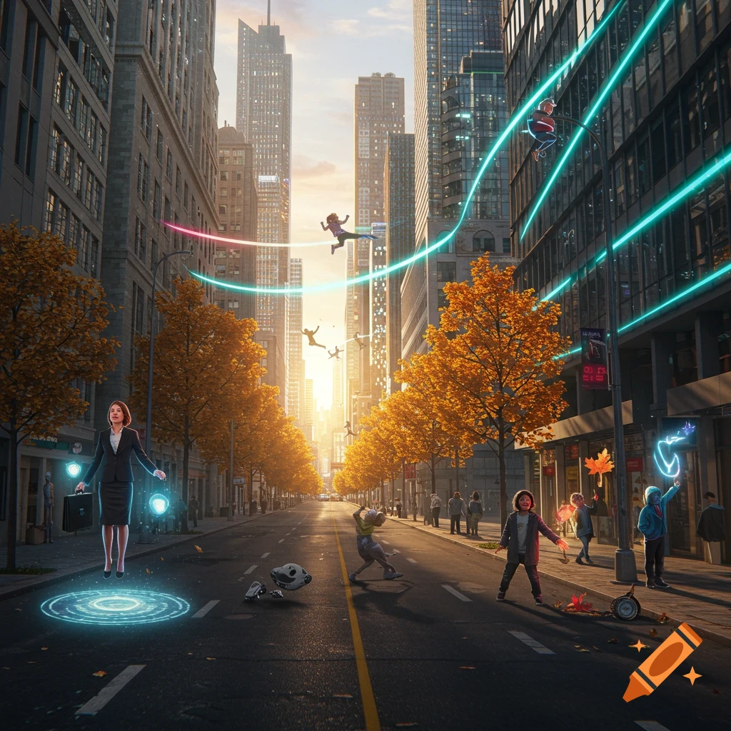 A modern city street at sunset, where people casually use superpowers, with a woman floating and others flying amidst glowing energy lines.