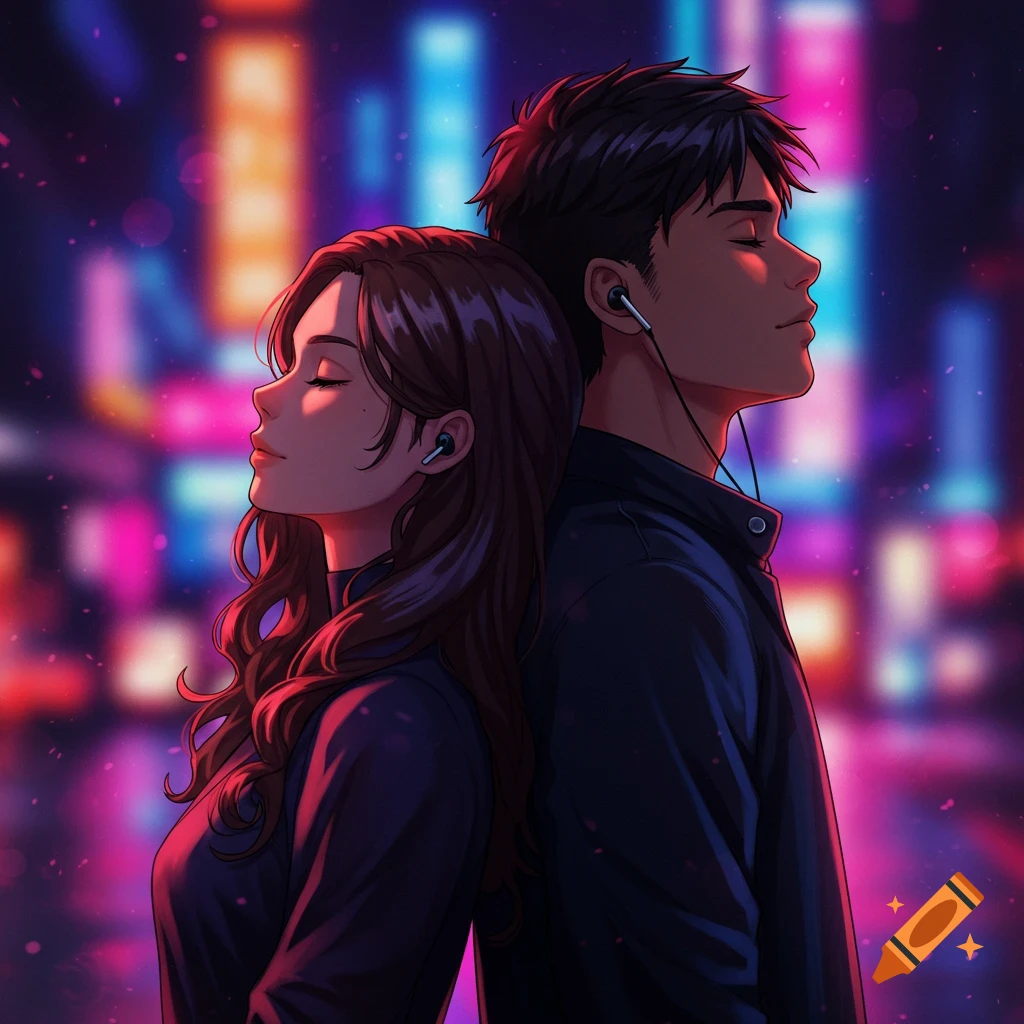 Anime couple with closed eyes, back to back, wearing earphones, against a neon city backdrop.