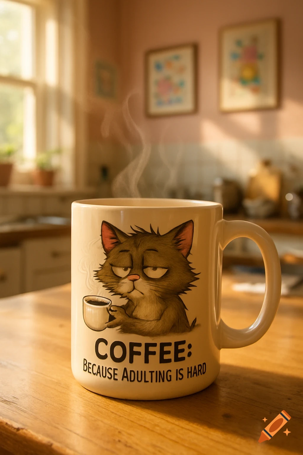 A white coffee mug with a grumpy cat illustration and the text 'COFFEE: BECAUSE ADULTING IS HARD' sits on a wooden table in a sunny kitchen.