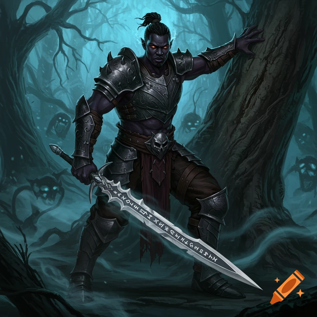 A dark-skinned male demon hunter in ornate black armor, with glowing red eyes, stands in a misty, dark forest, holding a runic sword. Ghostly figures lurk in the background.