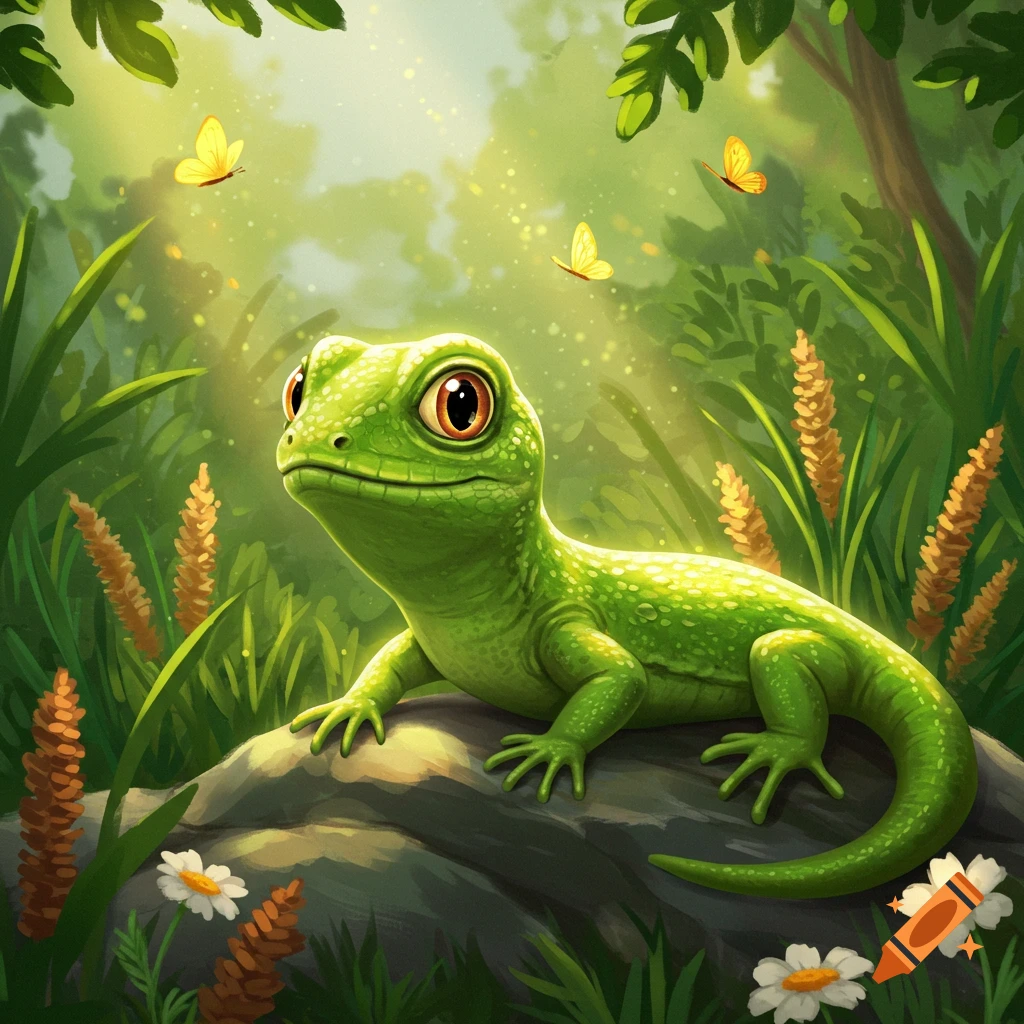 Cute green lizard with large eyes on a rock in a sunny, vibrant forest with yellow butterflies and white flowers.