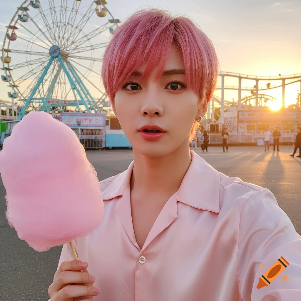 A person with pink hair and a pink silk shirt holds cotton candy at an amusement park with a Ferris wheel at sunset, photorealistic.