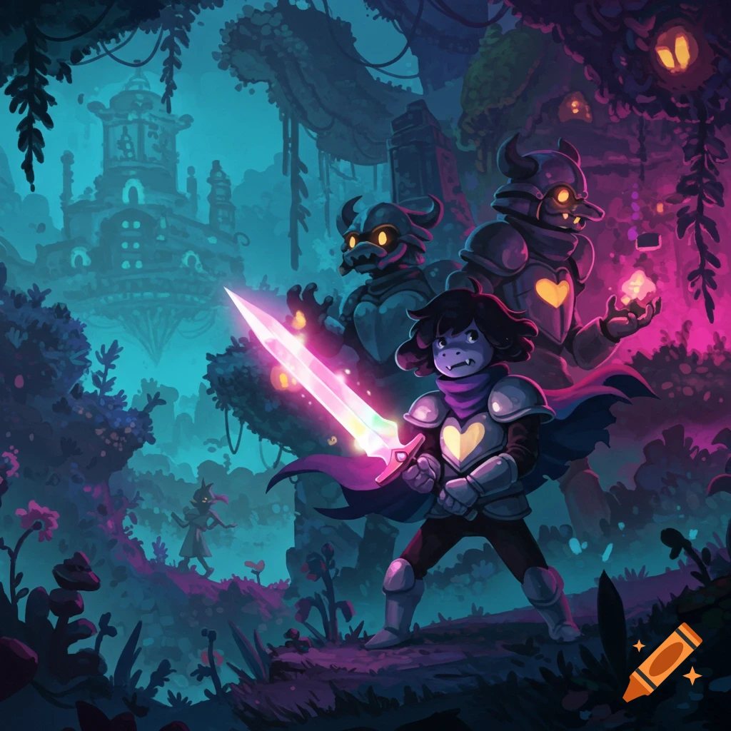 A small armored character with a glowing sword in a magical, glowing forest, with two large armored figures and a floating castle. Stylized fantasy art.