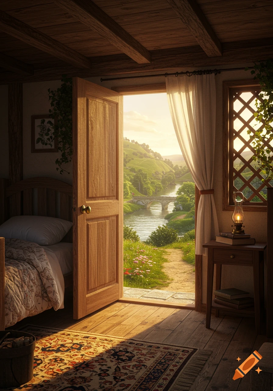A rustic cottage bedroom with an open wooden door leading to a sunlit, green landscape with a river and a stone bridge.