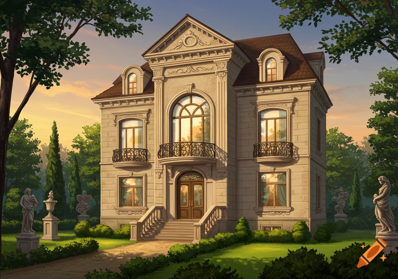 Grand European-style three-story mansion with balconies in a lush garden under a warm sunset, illustration.
