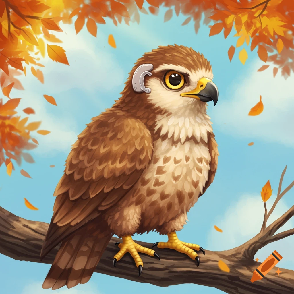 A cute 2D illustrated eagle with a hearing aid perched on a branch amidst falling autumn leaves.