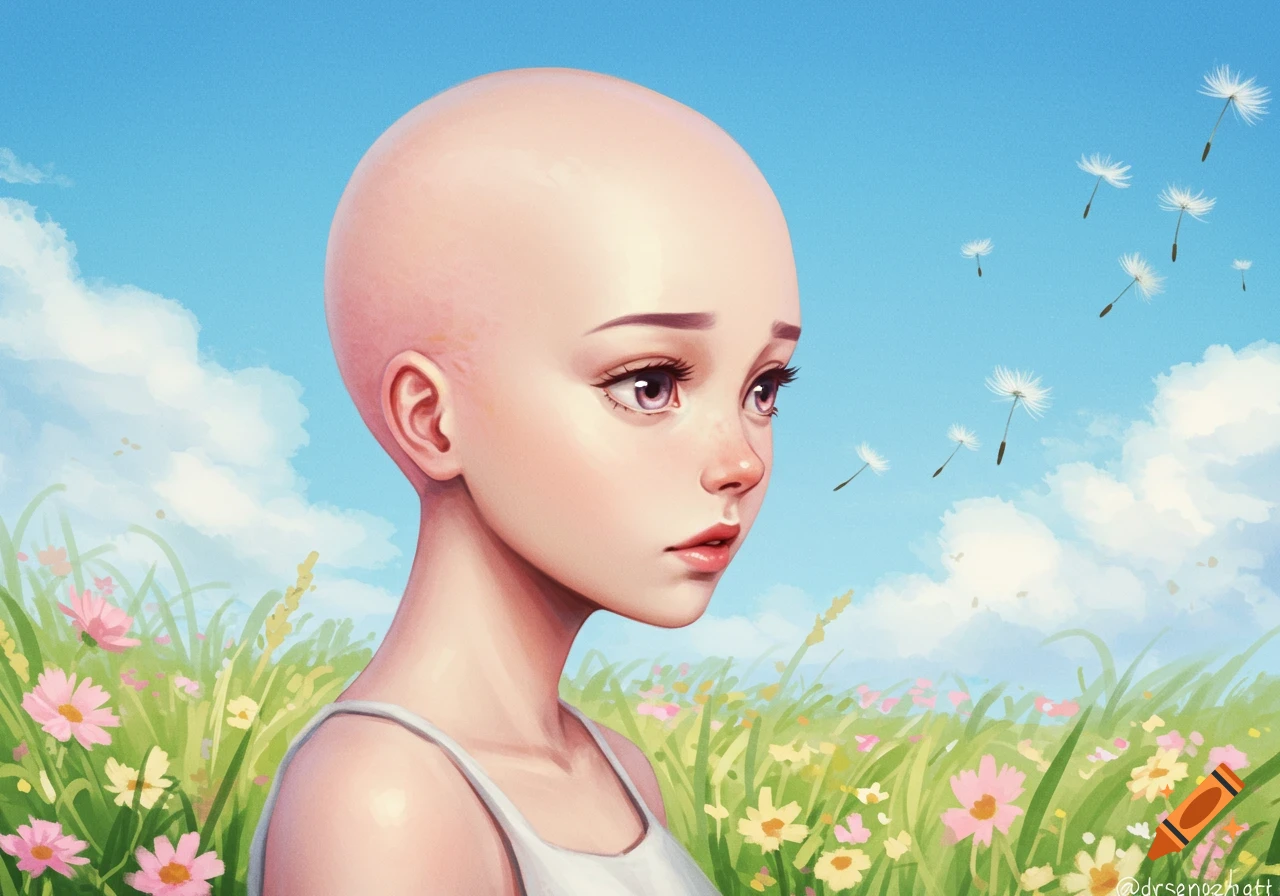 Digital painting of a bald girl with a wistful expression in a field of colorful flowers under a blue sky with dandelion seeds.