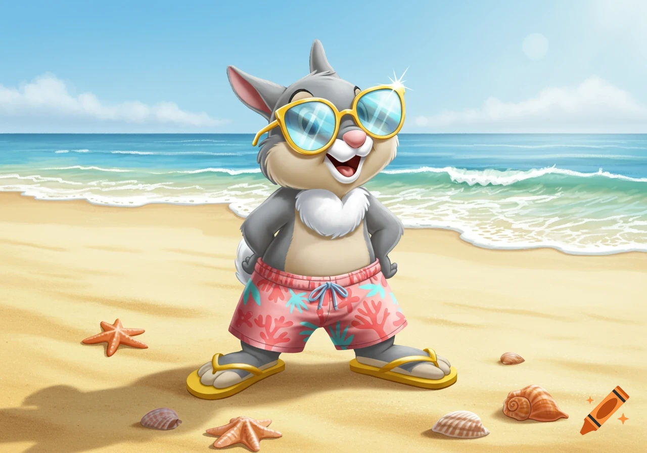 A cheerful cartoon bunny wearing sunglasses, swim shorts, and flip-flops stands on a sandy beach by the ocean.