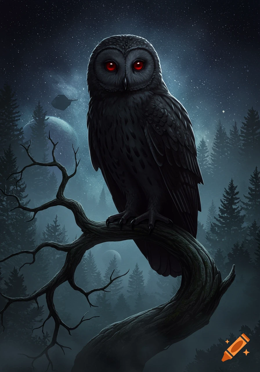 A large, dark owl with glowing red eyes perches on a gnarled branch in a  mystical, star-filled night forest with distant planets. on Craiyon, image size:896x1280