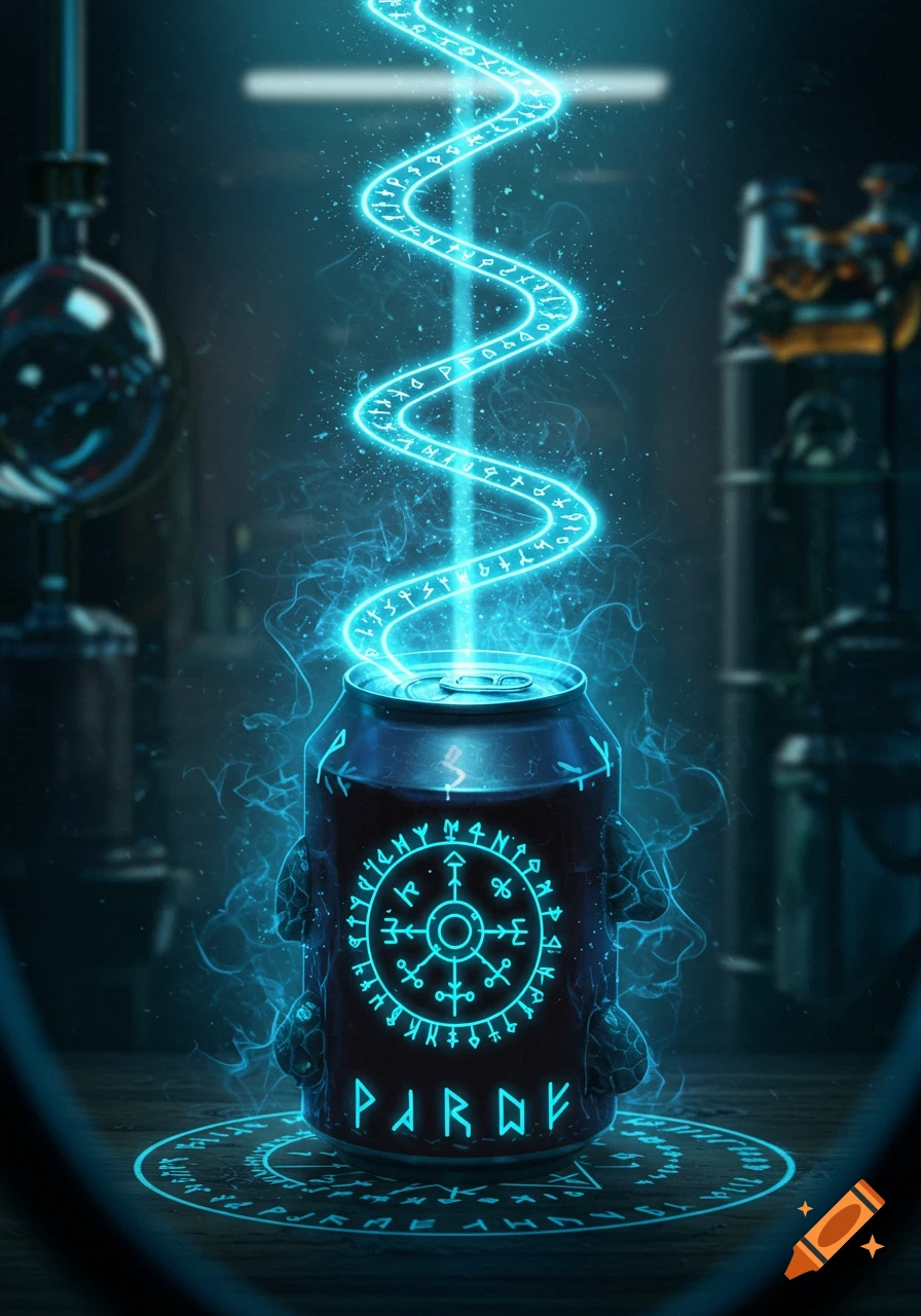 A dark blue soda can with glowing aqua arcane symbols, including a central sigil and the word "PARDE," emits a swirling beam of light filled with runes into a dark, blurry lab-like background.