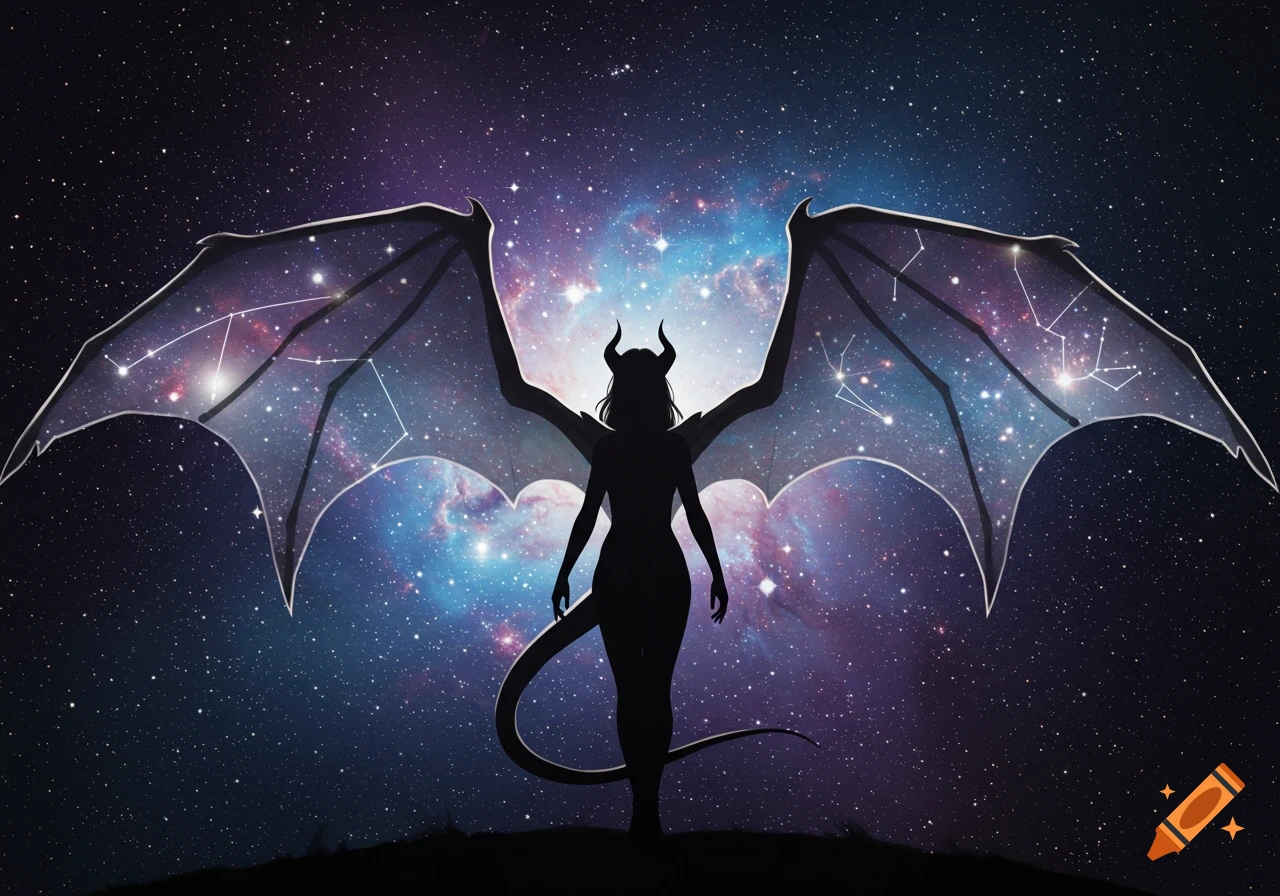 Silhouette of a horned figure with dragon wings and a tail against a vibrant galaxy background, with constellations on the wings.