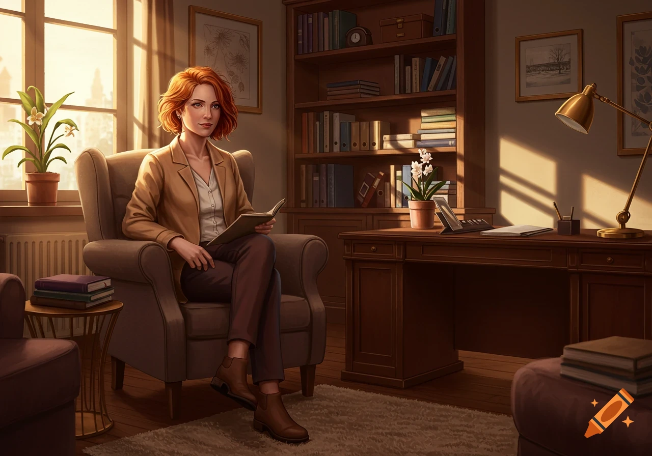 Woman with short red hair reading in a sunlit study with bookshelves and a desk.