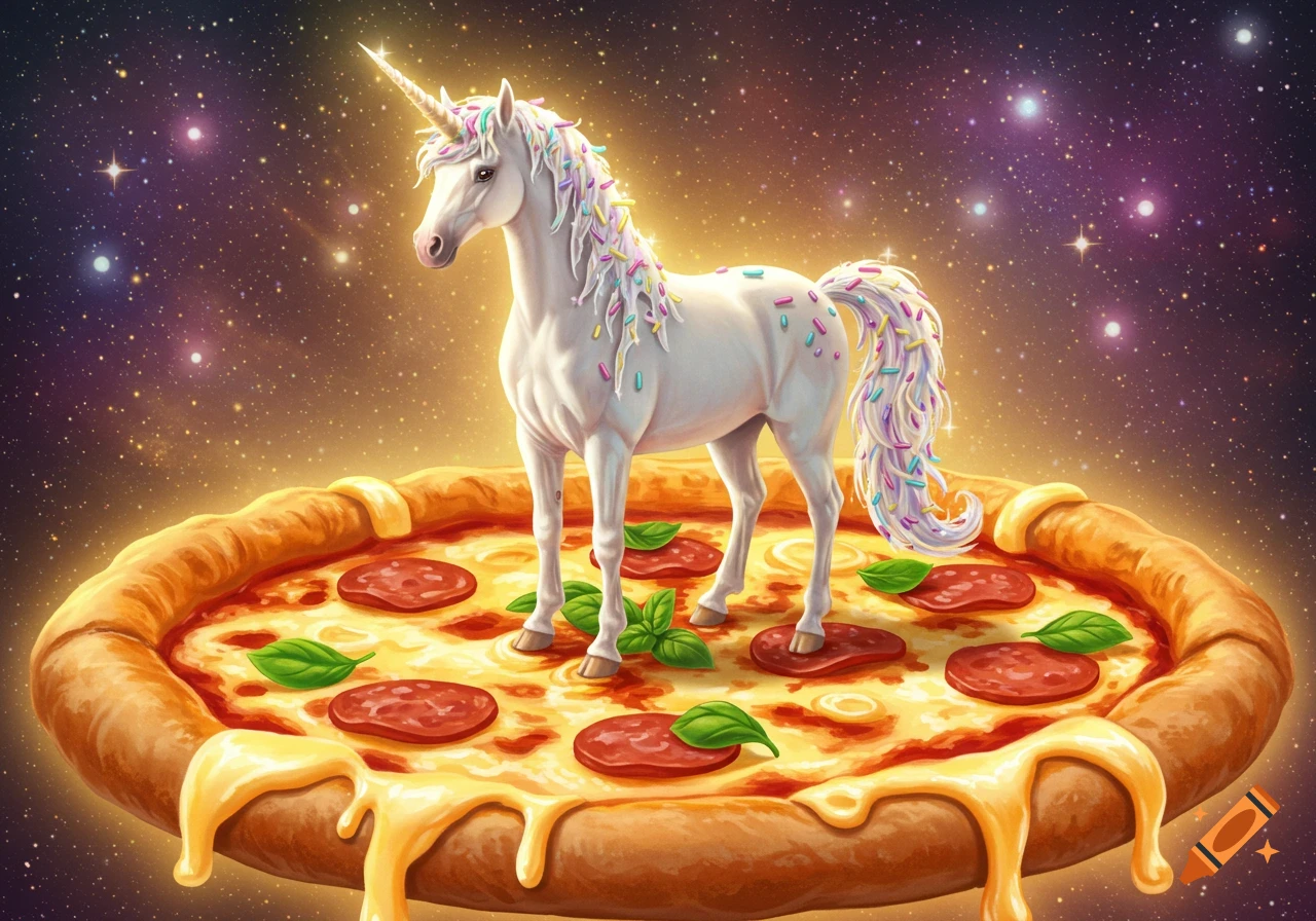 A whimsical white unicorn with a rainbow sprinkle mane and tail stands on a pepperoni and basil pizza, floating in a starry cosmic background.