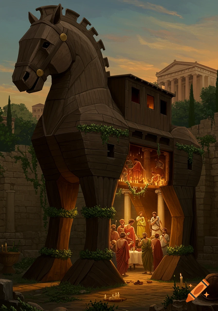 An illustration of a large wooden Trojan Horse in an ancient city at dusk, with people celebrating around its base.