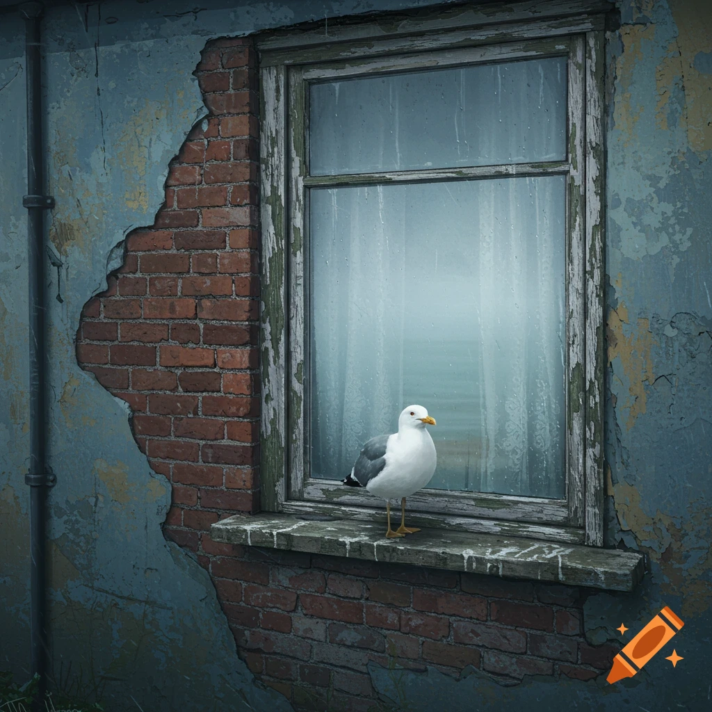 A photorealistic seagull perches on the windowsill of a run-down brick building with peeling paint. Rain streaks the window.
