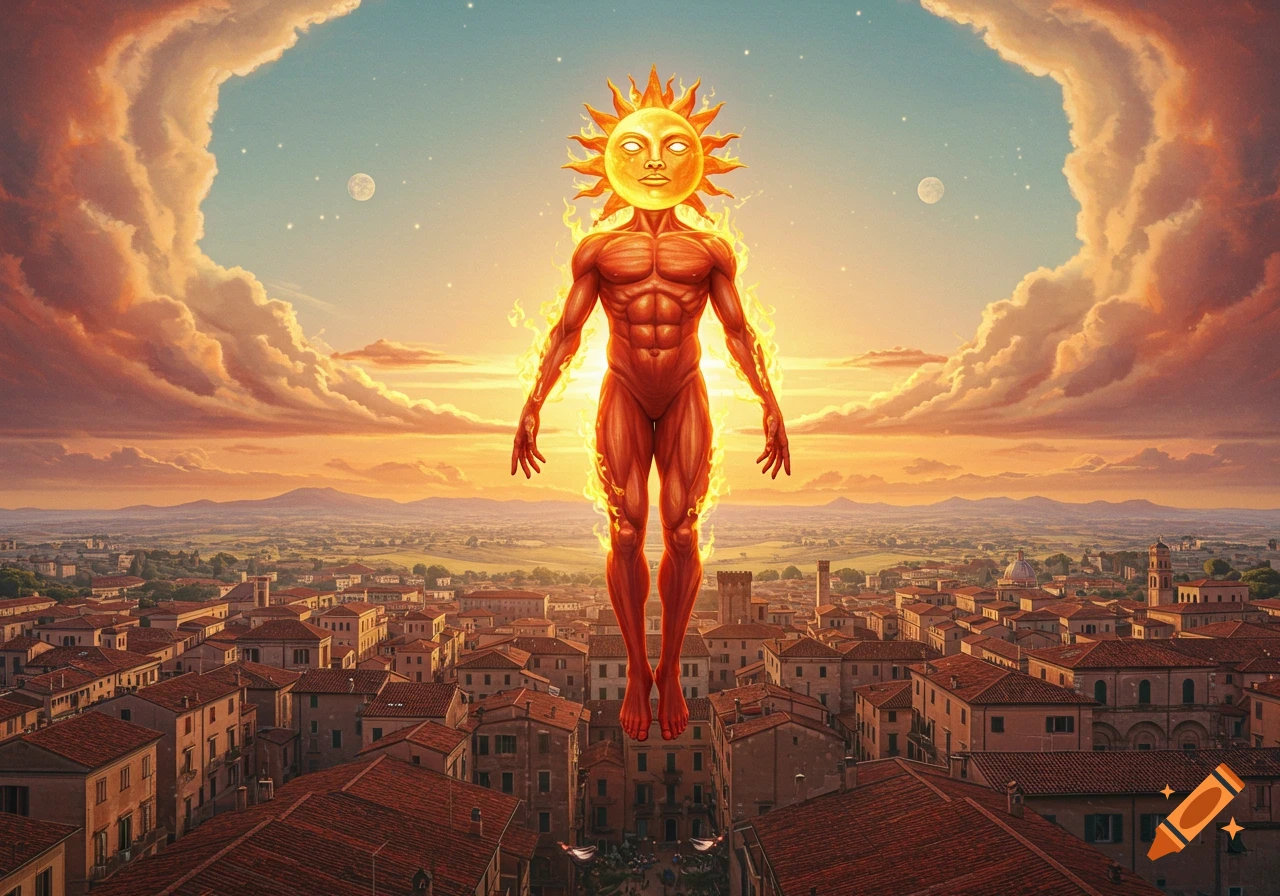 A muscular, fiery figure with a sun for a head floats above a detailed Italian cityscape at sunset, with two moons in the sky.