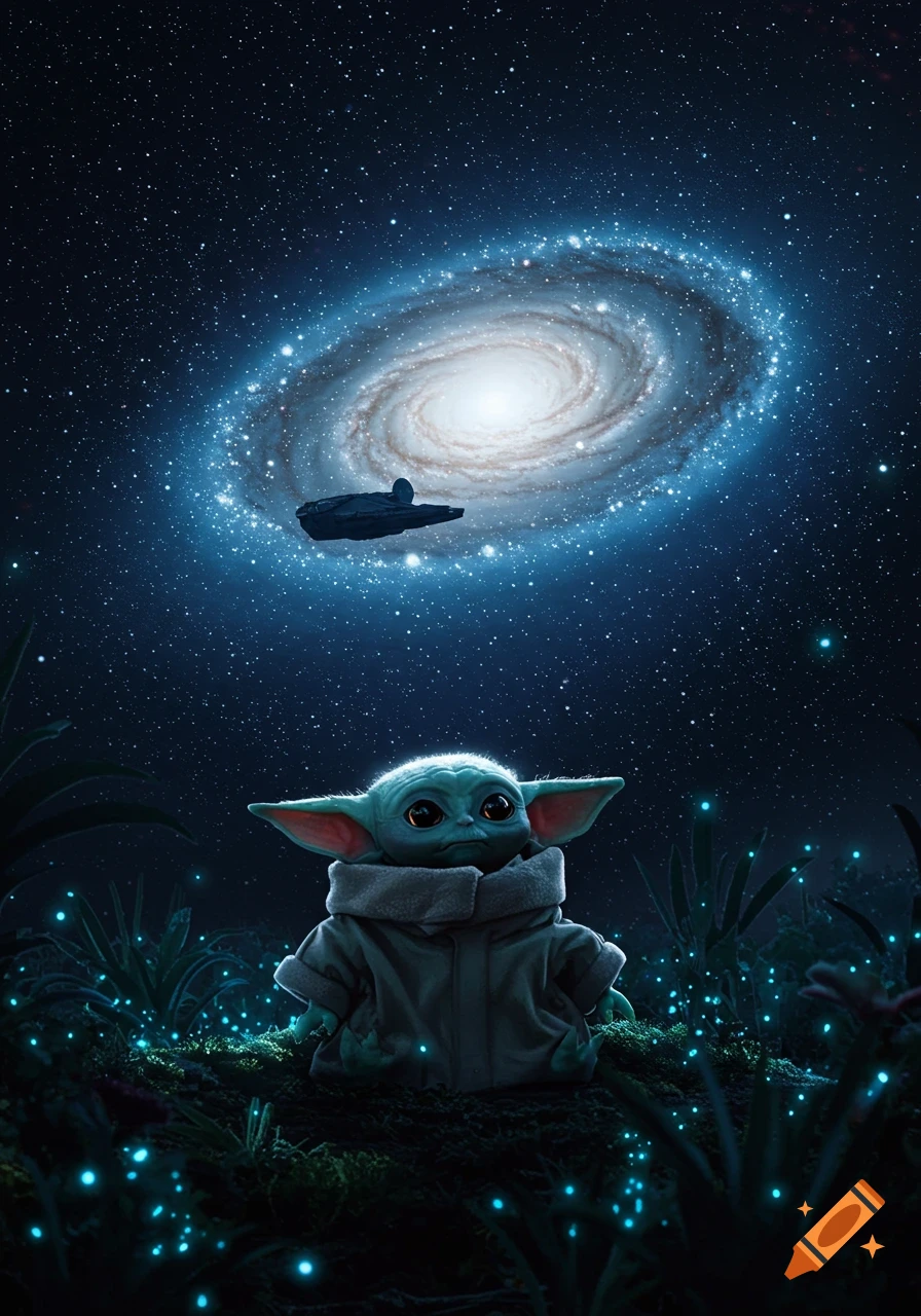 Baby Yoda (Grogu) sits in a glowing forest at night, looking up at a starry sky with a bright spiral galaxy and the Millennium Falcon flying nearby.