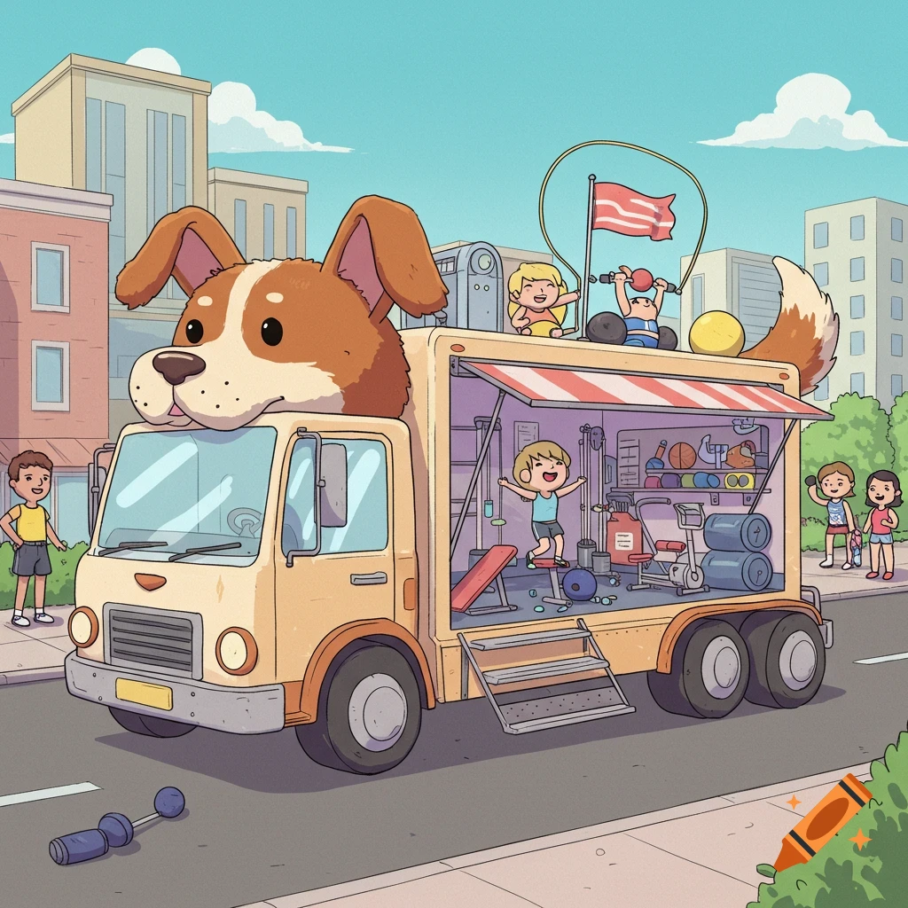 Cartoon of a truck with a giant dog head on the cab, pulling a mobile gym where children exercise. Another child watches on a sunny city street.