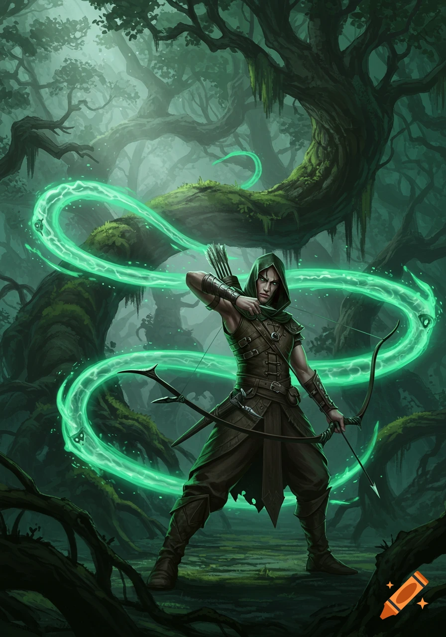 Hooded archer with a bow and glowing green magic in a dark, mossy fantasy forest. Detailed illustration.