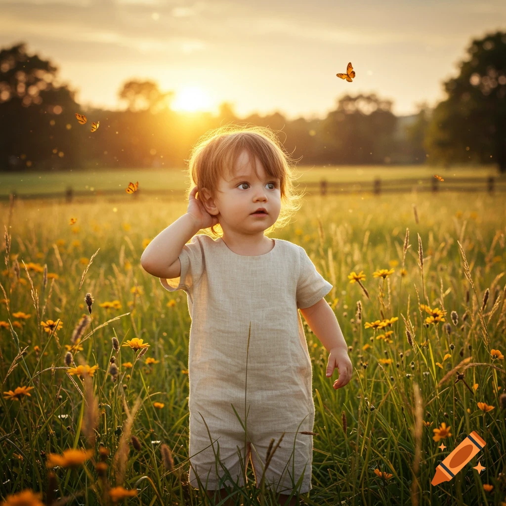 A curious child with a hand to their ear stands in a golden field with yellow flowers and butterflies at sunset, photorealistic.