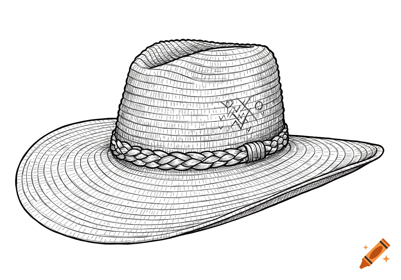 Black and white line drawing of a straw hat with a braided band.