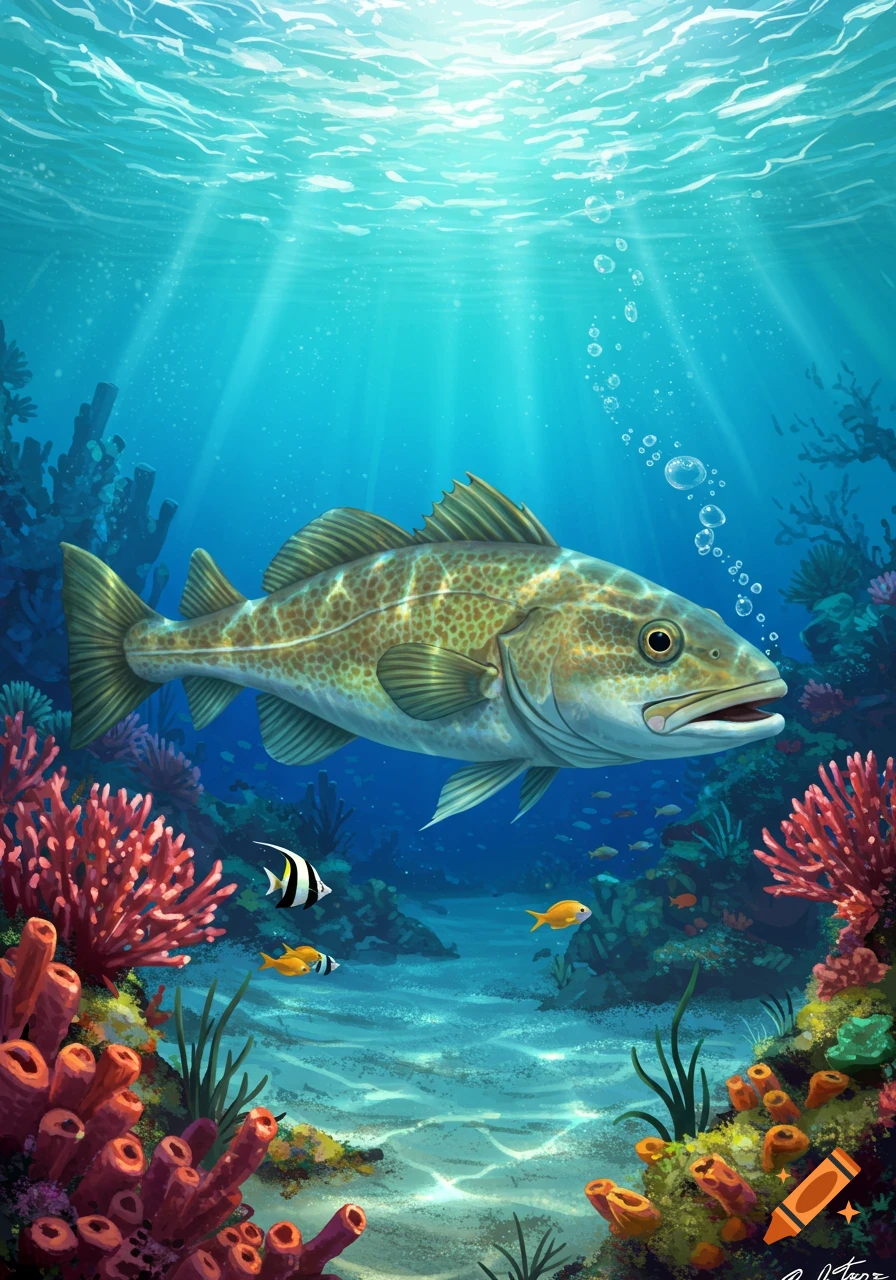 Illustration of a large speckled cod fish swimming in a vibrant coral reef, with sun rays from the water surface.