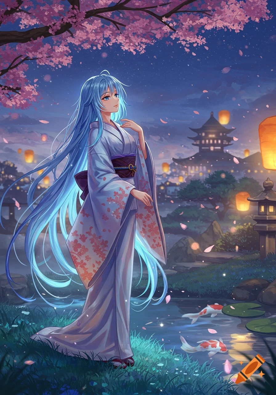 Anime woman with long blue hair in a floral kimono stands in a Japanese garden at night with cherry blossoms, lanterns, and koi fish.