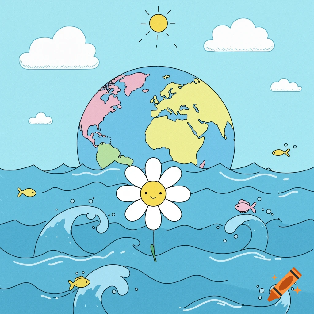 A cheerful cartoon shows the Earth above a wavy blue ocean with a happy daisy flower floating, surrounded by yellow and pink fish, clouds, and a smiling sun.