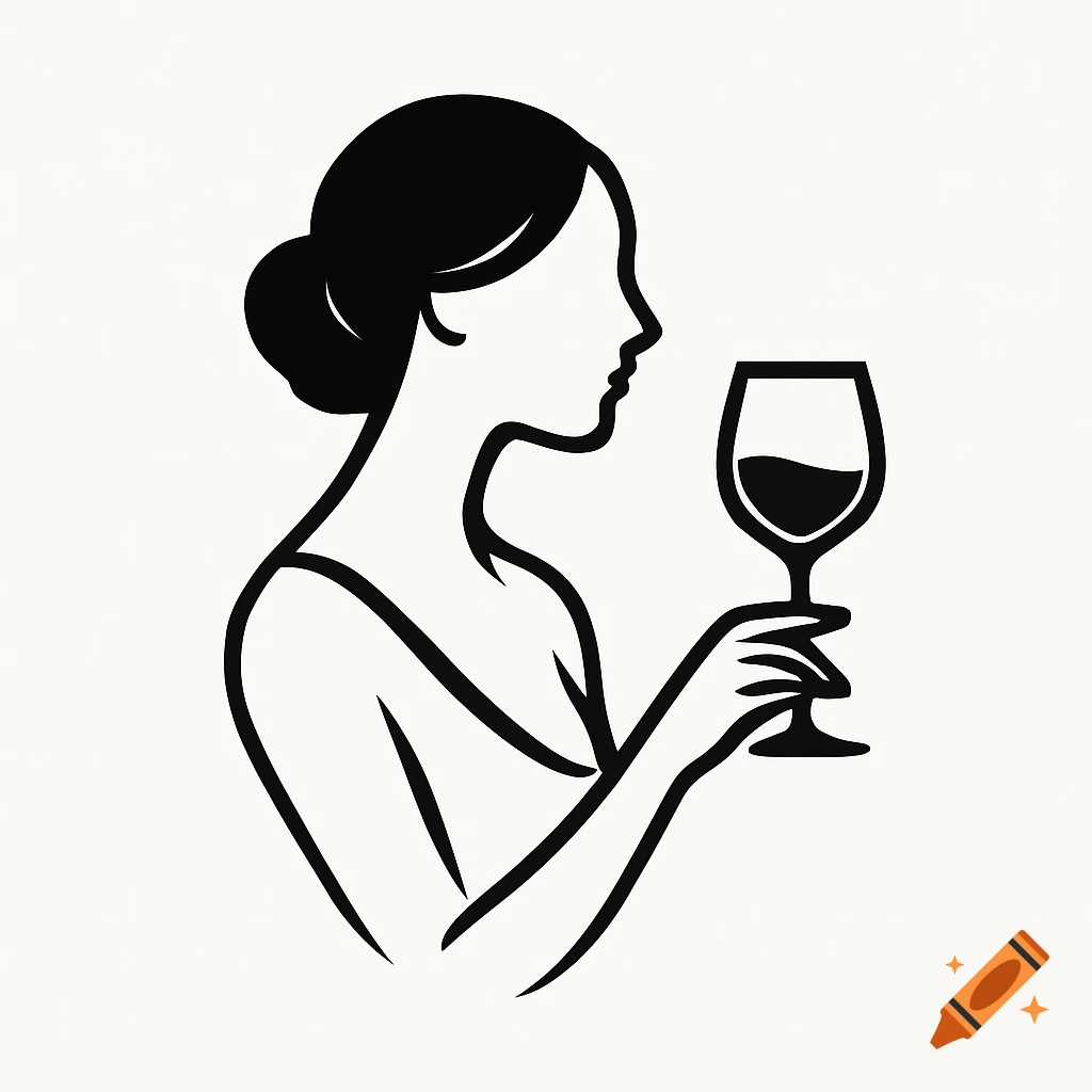 Minimalist black and white logo of a woman in profile holding a glass of wine.
