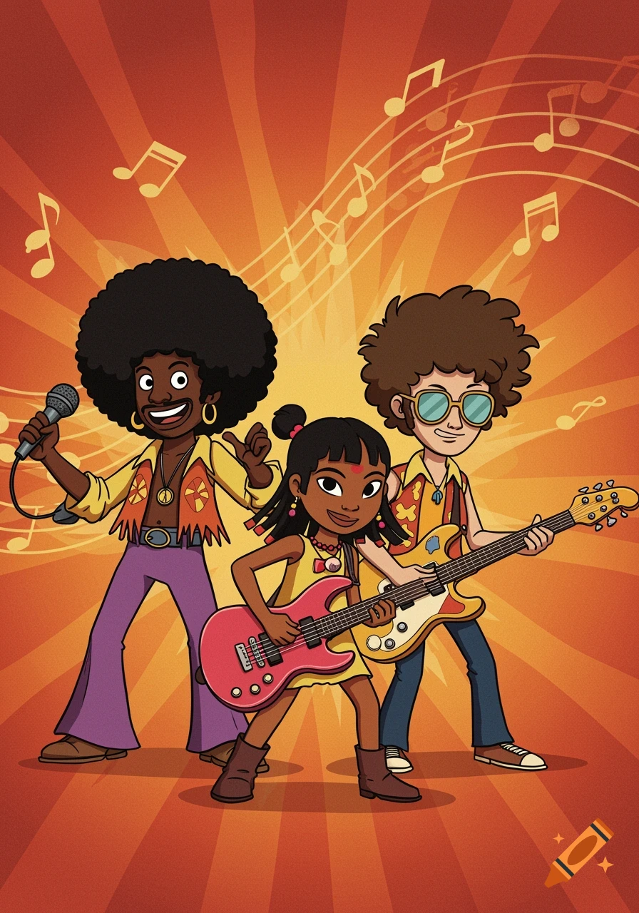 A vibrant cartoon of a 70s band: a Black male singer, an Indian girl on bass, and a white boy on guitar, with musical notes.