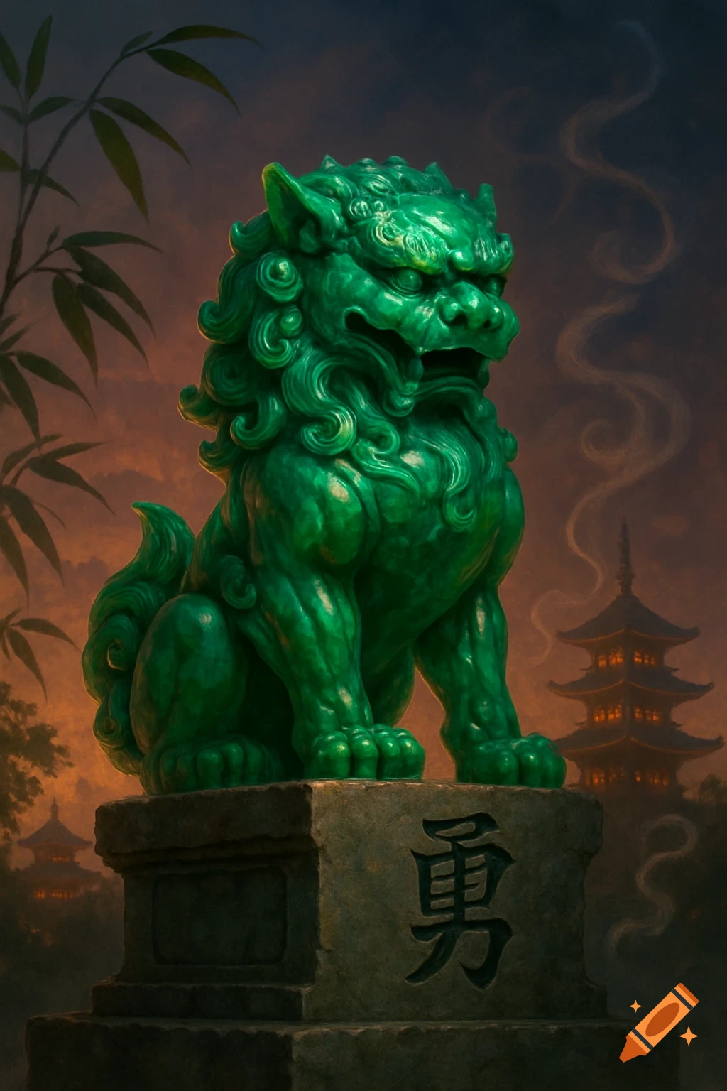 A vibrant green jade-like Shisa dog statue sits on a stone pedestal with a Kanji character, set against an orange sunset and a pagoda.