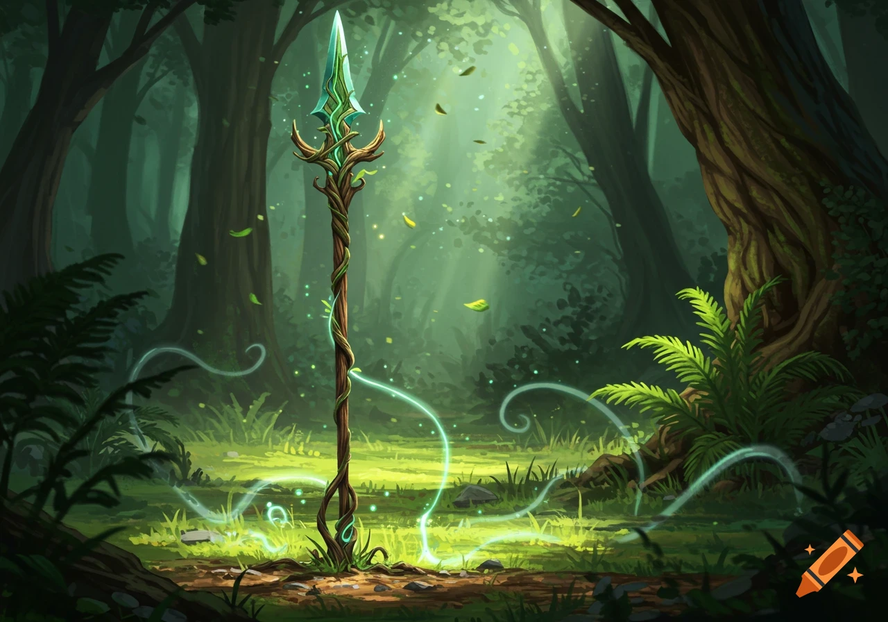 A magical javelin wrapped in vines glows with green energy in a sunlit, lush fantasy forest.