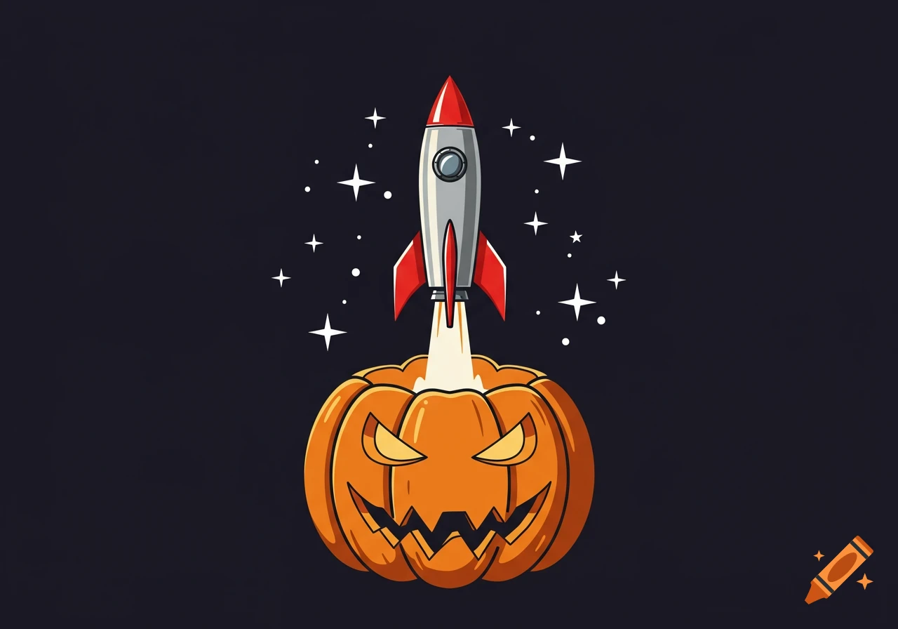 Cartoon illustration of a silver and red rocket launching from a carved Halloween pumpkin into a starry dark sky.