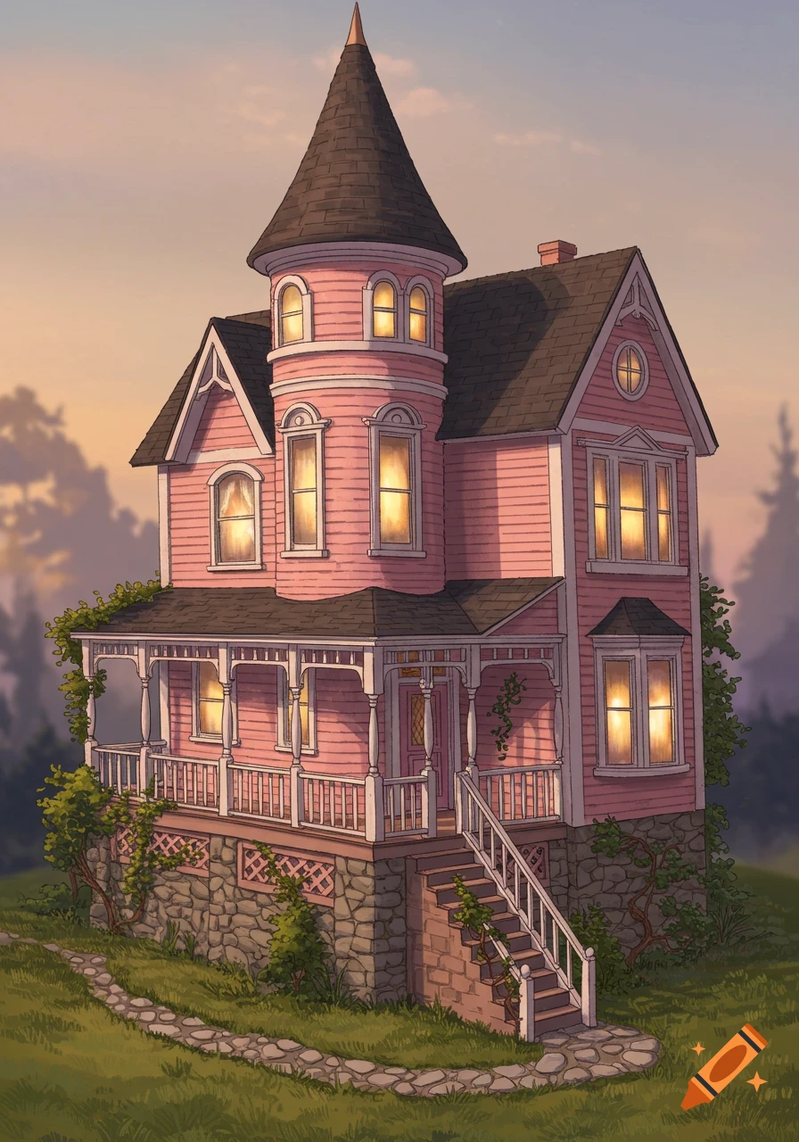A charming pink Victorian-style house with a tall turret, wrap-around porch, and glowing windows, set on a grassy hill at sunset.