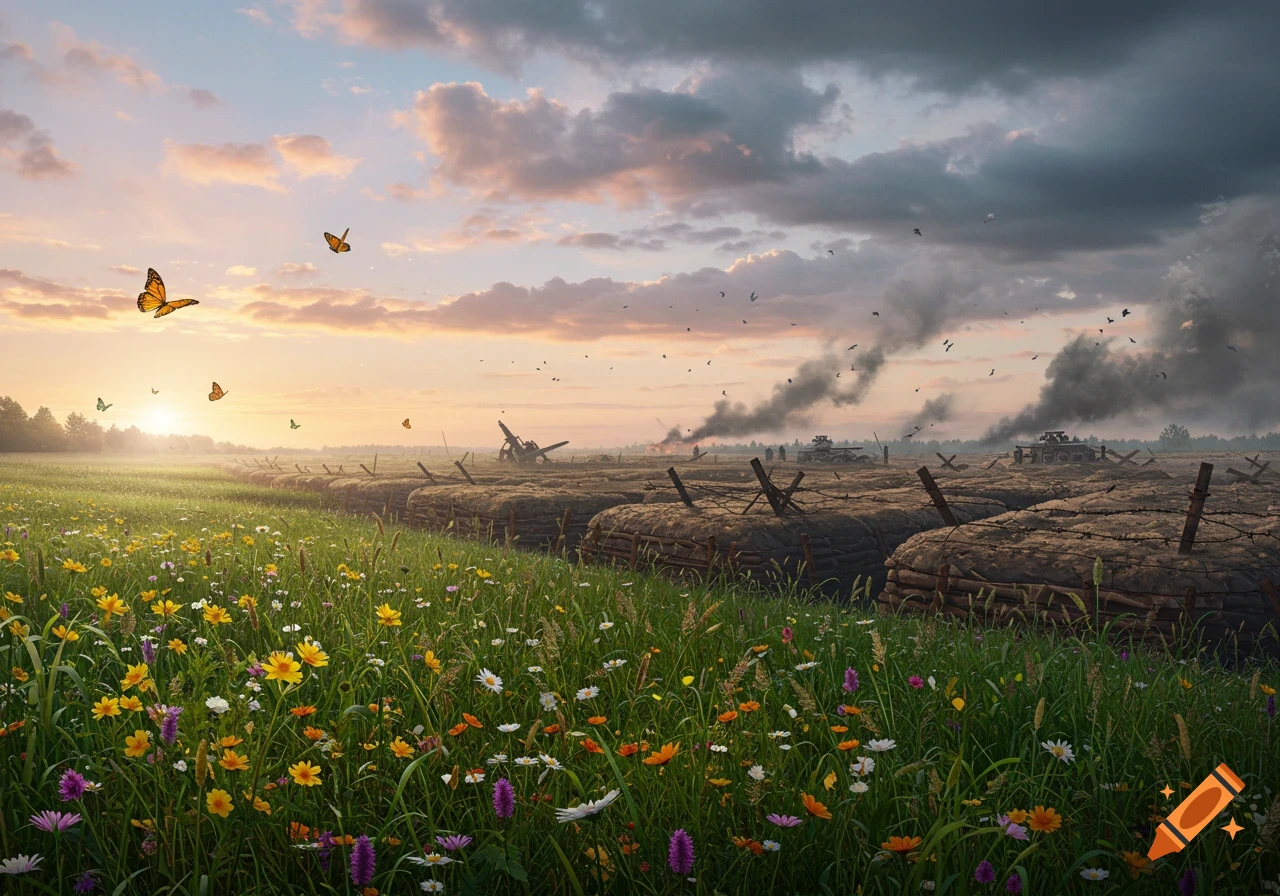 A vibrant field of wildflowers and butterflies under a sunrise contrasts with a desolate, smoky battlefield with trenches and destroyed vehicles.