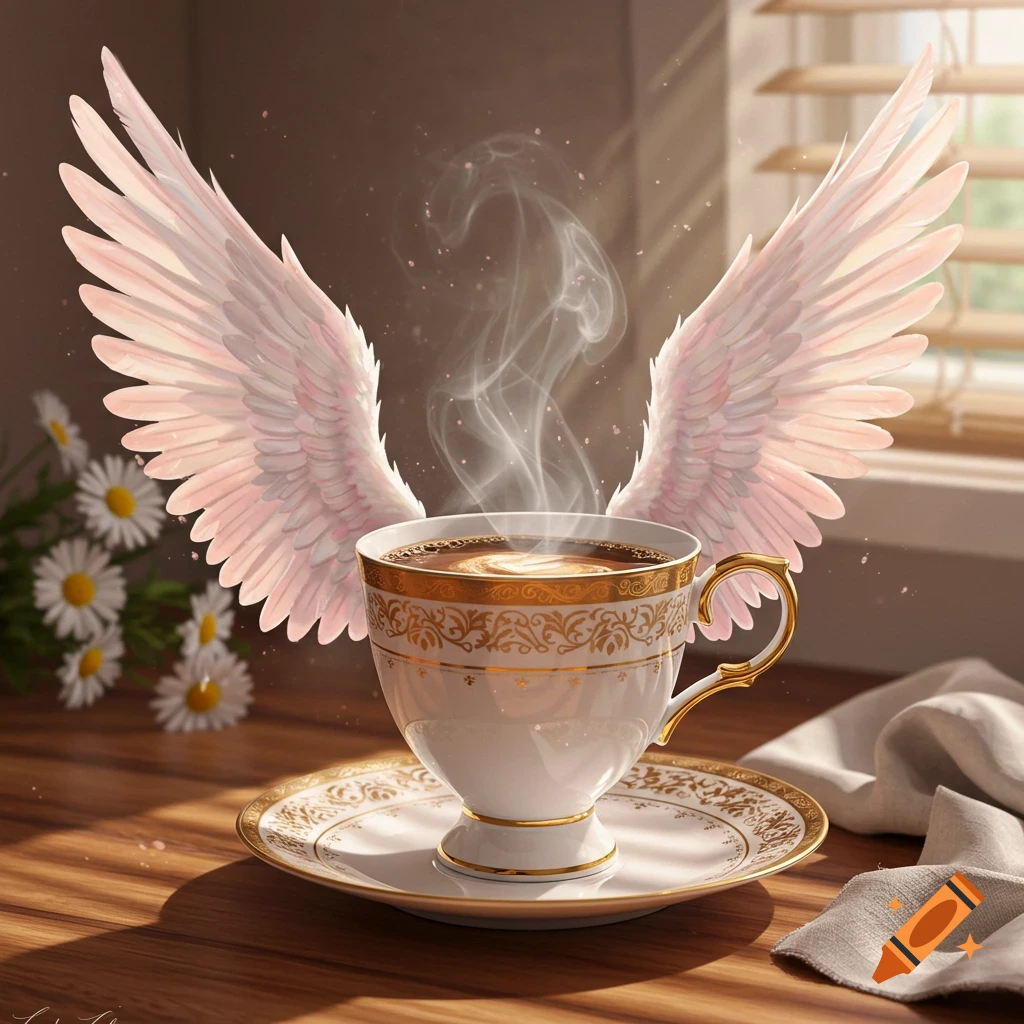 A steaming cup of coffee with delicate pink and white wings sits on a wooden table, illuminated by sunlight through blinds.