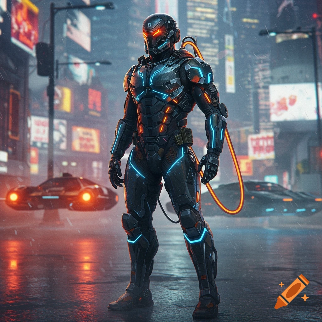 A vigilante in a dark, glowing blue and orange futuristic exo-suit stands in a rainy cyberpunk city street with flying cars and neon signs.