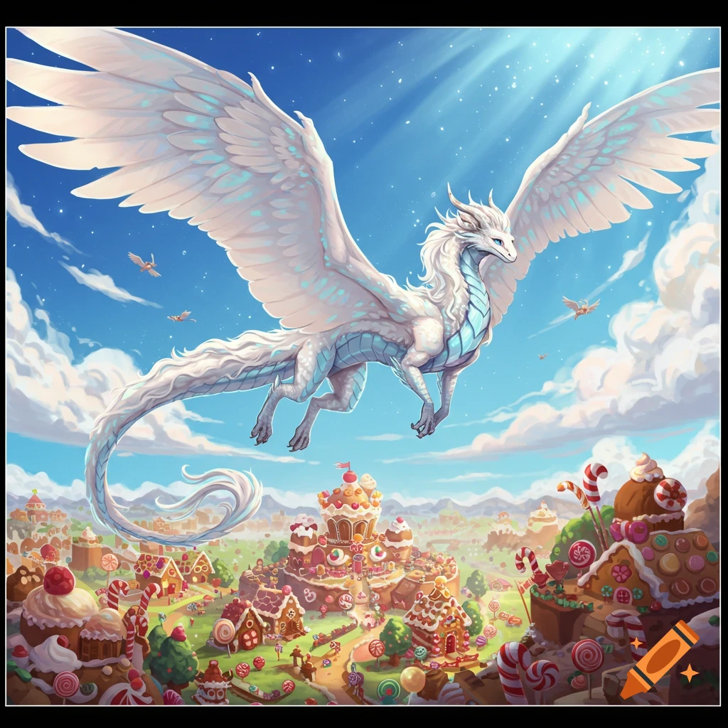 A majestic white dragon with large wings flies over a whimsical, colorful candy kingdom landscape under a blue sky.