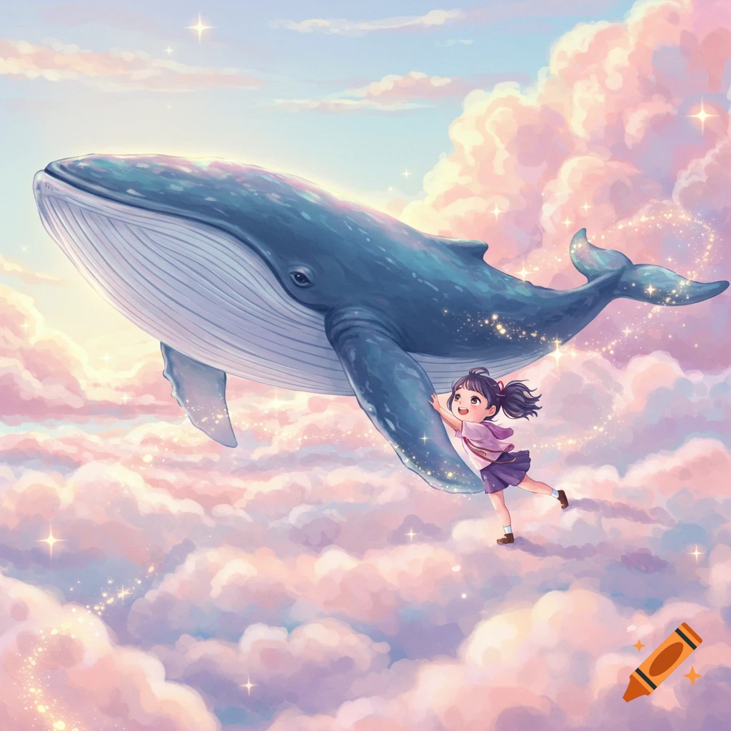 An animated girl joyfully hugs a large blue whale flying among sparkling pink and purple clouds in a dreamy sky.