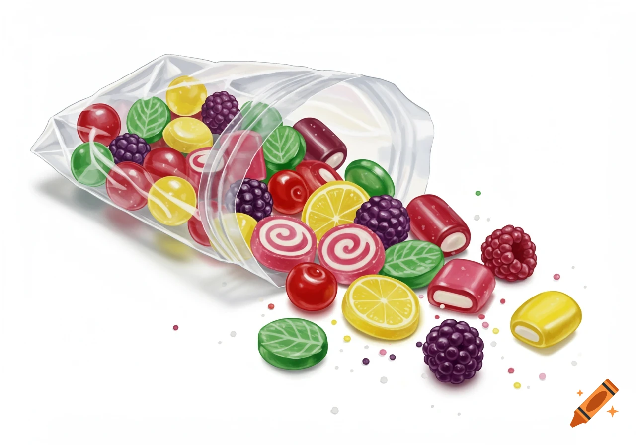Colorful hard candies and gummies spill from a clear plastic bag onto a white background, in an illustration style.