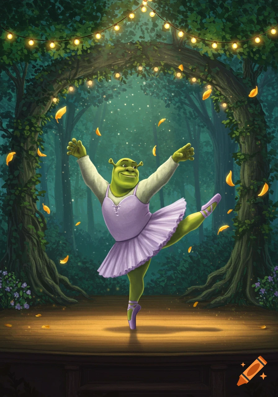 Shrek in a lavender ballerina tutu and pointe shoes, striking a pose on a wooden stage in an enchanted forest with string lights.