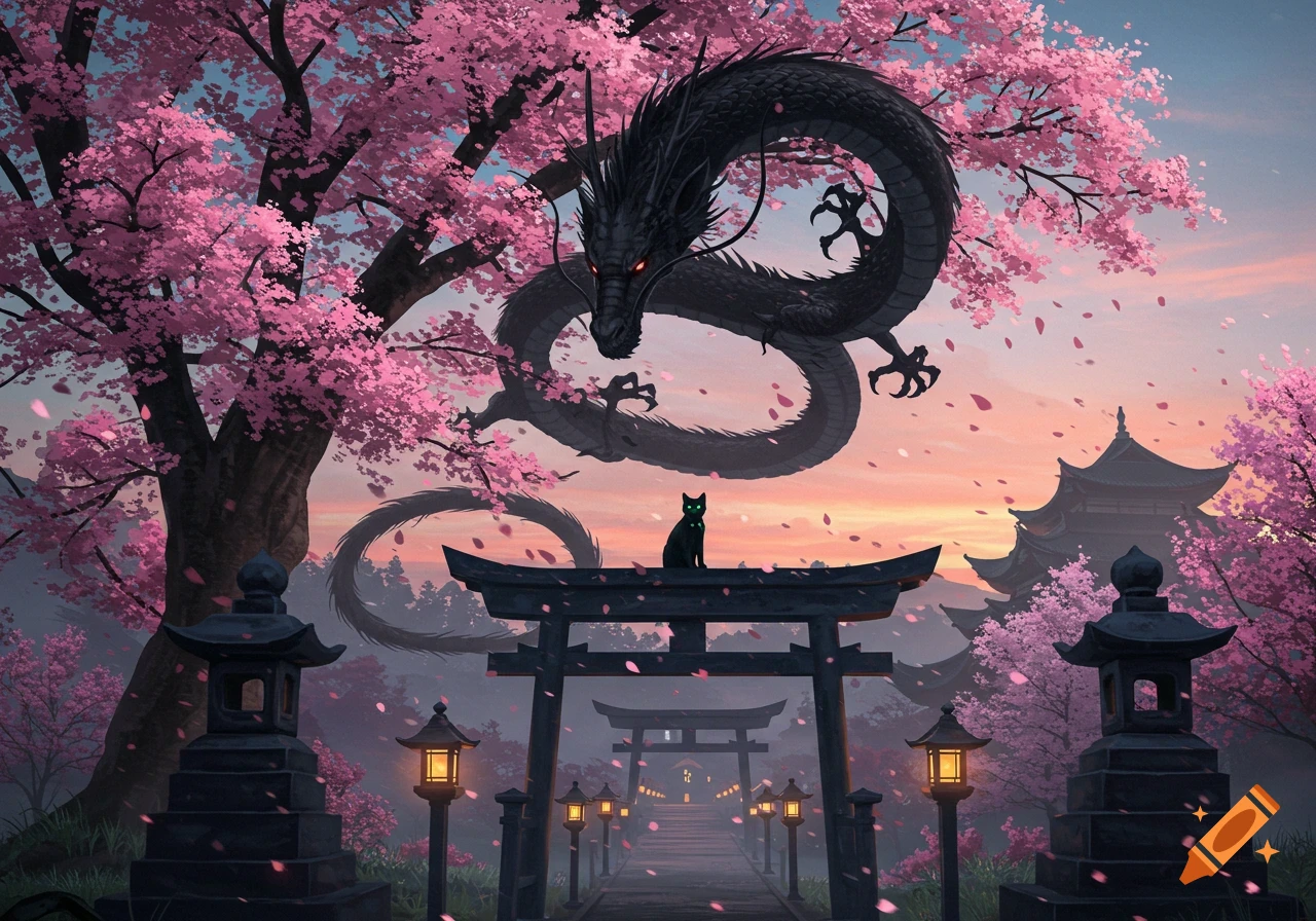 A black Japanese dragon and cat with glowing eyes under cherry blossoms and temples at sunset, in a fantasy illustration.